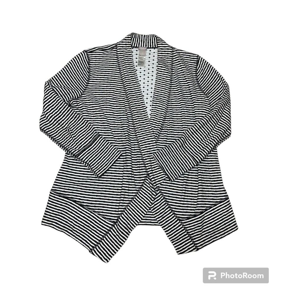 Chicos Zenergy Size 2 Cardigan Stripes Polka Dots Sweater Jacket Black White